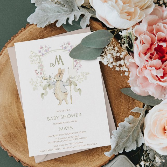 Gingham Sage Peter the Rabbit Monogram Baby Shower Invitation (Creator Uploaded)