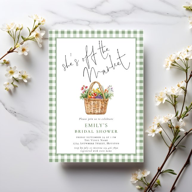 Gingham She’s off the Market Script Bridal Shower Invitation (Creator Uploaded)