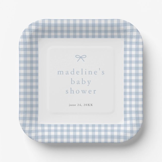 Gingham Simple Bow Dusty Blue Boys Baby Shower Paper Plate (Front)