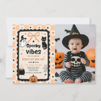 Gingham Spooky Vibes Halloween Birthday Photo Invitation