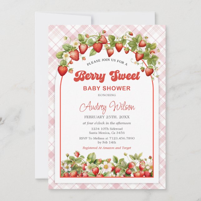 Gingham Strawberry Baby Shower Invitation (Front)