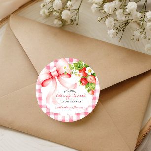 gingham strawberry Pink baby shower Classic Round Sticker