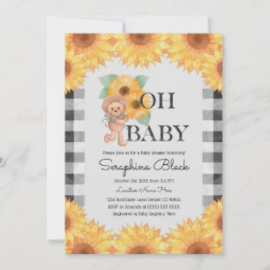 Gingham Sunflower Teddy Bear Baby Shower Invitation