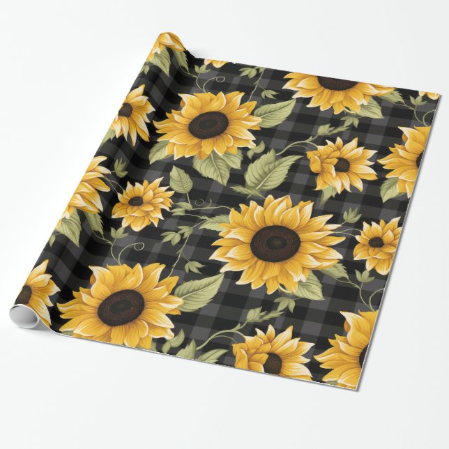 Gingham Sunflowers Pattern Wrapping Paper (Unrolled)