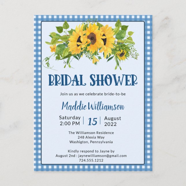 Gingham Sunflowers Rustic Bridal Shower Invitation Postcard (Front)