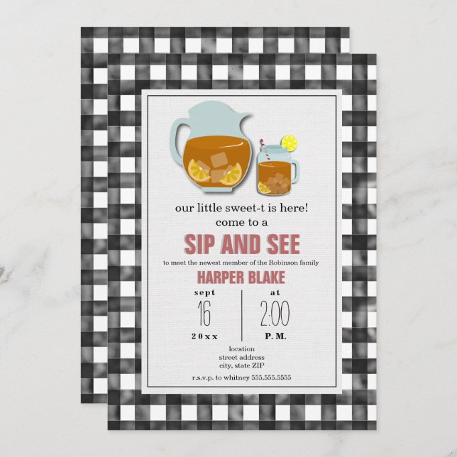 Gingham Sweet Tea Sip & See Baby Invitation (Front/Back)