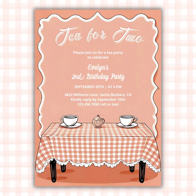 Gingham Tea Party Tea for Two 2nd Birthday Invitation (Tea for Two 2nd Birthday Invitation Vintage Gingham Tea Party Invite for Girls)