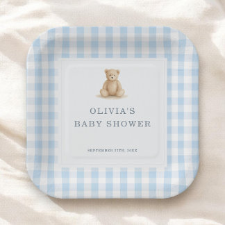 Gingham Teddy Bear Blue Boy Baby Shower Party Paper Plate