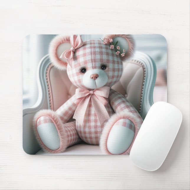 Gingham Teddy Bear On a Chair Mouse Pad (With Mouse)