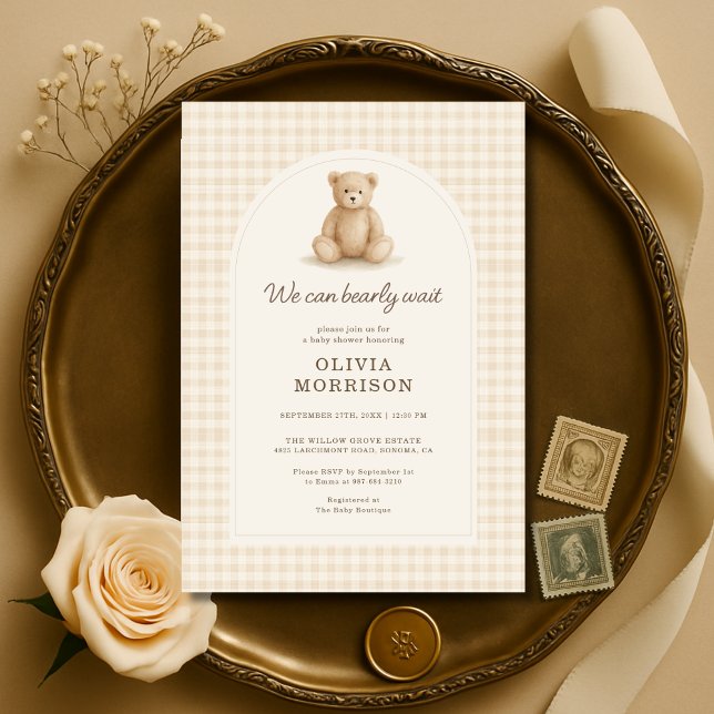 Gingham Teddy Bear We Can Bearly Wait Invitation (Creator Uploaded)