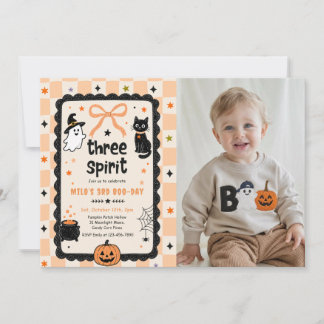 Gingham Three or Spirit Halloween Birthday Photo Invitation