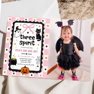 Gingham Three or Spirit Halloween Birthday Photo Invitation