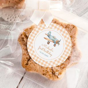 Gingham Time Flies Aeroplane First Birthday Classic Round Sticker