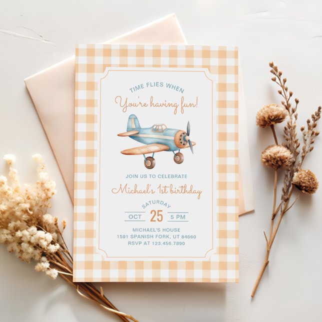 Gingham Time Flies Aeroplane First Birthday Invitation (Creator Uploaded)