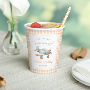 Gingham Time Flies Aeroplane First Birthday Paper Cups