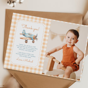 Gingham Time Flies Aeroplane First Birthday Photo Thank You Card