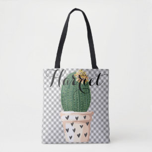 Gingham Tote Bag with Cactus pot Customisable