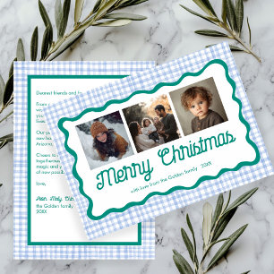 Gingham Wavy Blue Green Christmas Custom 3 Photo Holiday Card