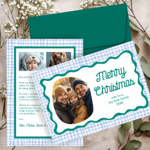 Gingham Wavy Blue Green Christmas Custom 3 Photo  Holiday Card