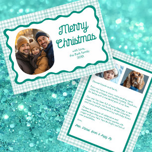Gingham Wavy Green Christmas Custom 3 Photo  Holiday Card