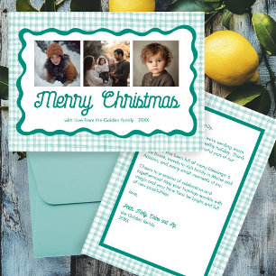 Gingham Wavy Green Christmas Custom 3 Photo  Holiday Card