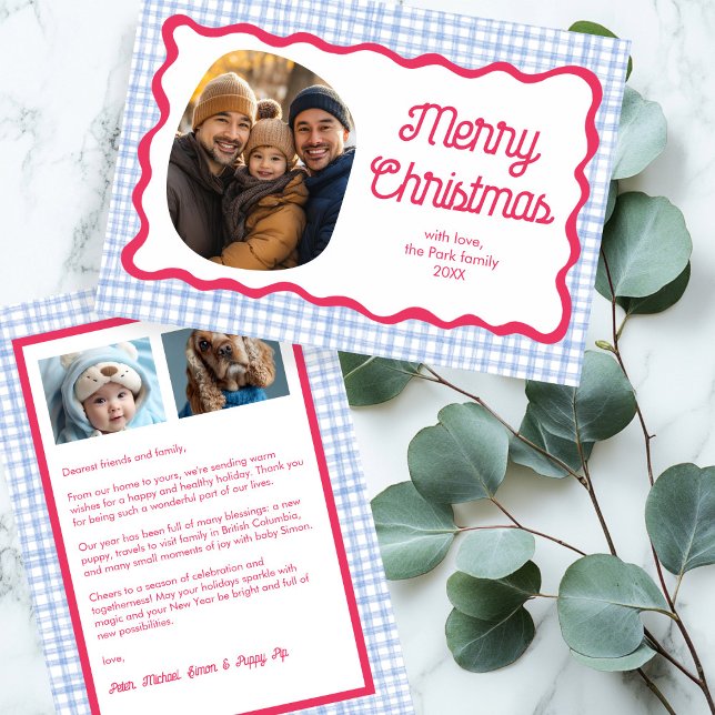 Gingham Wavy Pink Blue Christmas Custom 3 Photo  Holiday Card (Gingham Wavy Pink Blue Christmas Custom 3 Photo Holiday Card
)