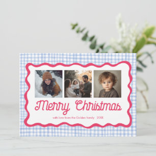 Gingham Wavy Pink Blue Christmas Custom 3 Photo  Holiday Card
