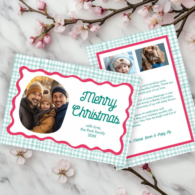 Gingham Wavy Pink Green Christmas Custom 3 Photo  Holiday Card (Gingham Wavy Pink Green Preppy Chic Cute Christmas Custom 3 Photo Holiday Card
)