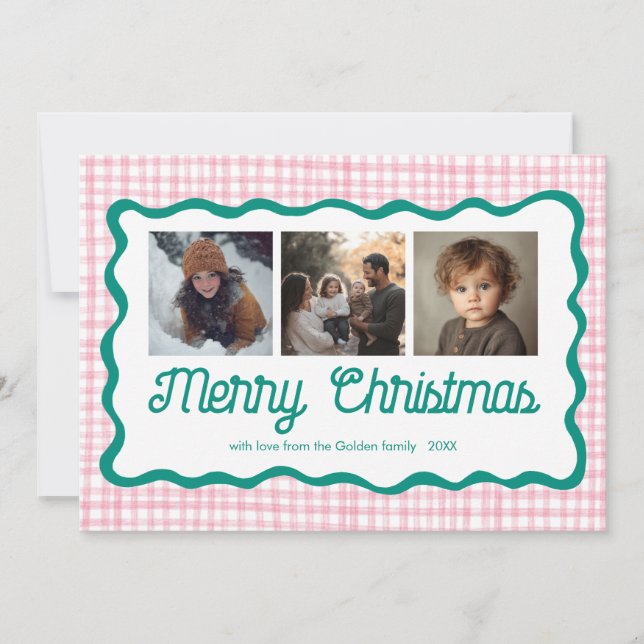 Gingham Wavy Pink Green Christmas Custom 3 Photo  Holiday Card (Front)