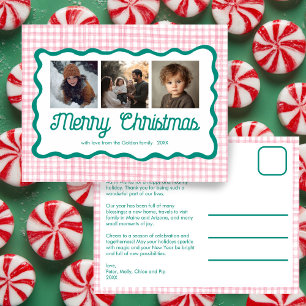 Gingham Wavy Pink Green Christmas Custom 3 Photo  Holiday Postcard