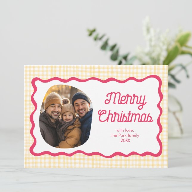 Gingham Wavy Pink Yellow Christmas Custom 3 Photo  Holiday Card (Standing Front)