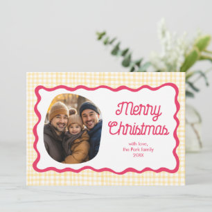 Gingham Wavy Pink Yellow Christmas Custom 3 Photo  Holiday Card