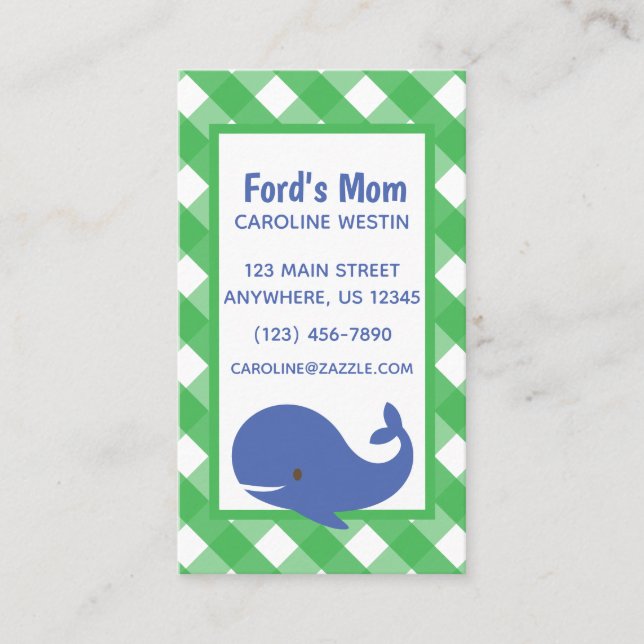 Gingham Whale Business or Contact Cards (Front)