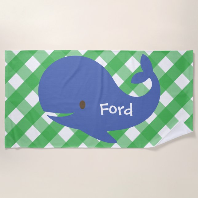 Gingham Whale Personalised Beach Towel (Front)
