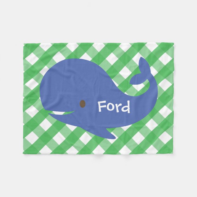 Gingham Whale Personalised Fleece Blanket (Front (Horizontal))