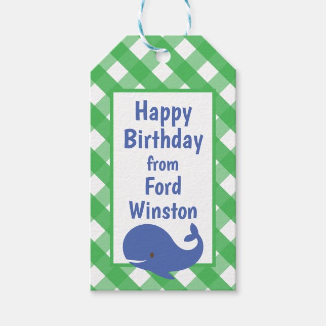 Gingham Whale Personalised Gift Tag (Front)