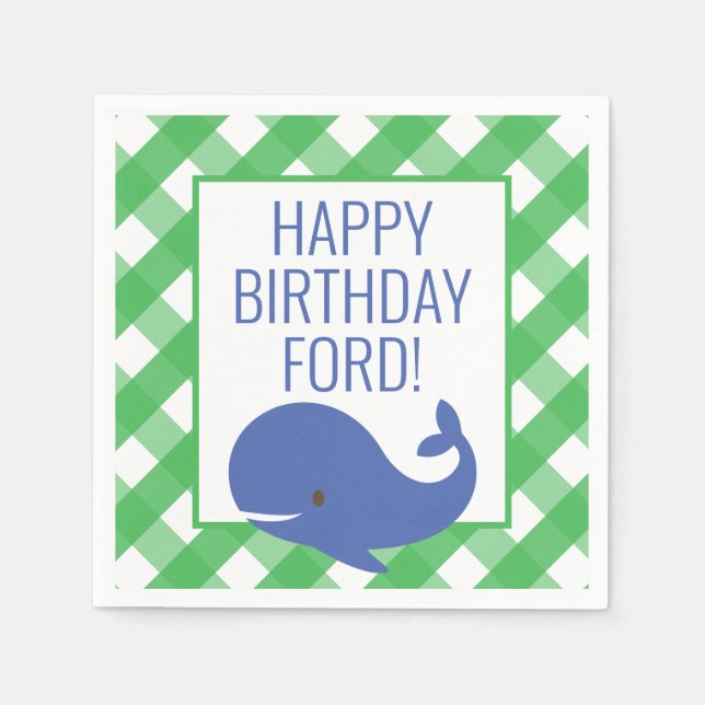 Gingham Whale Personalised Party Napkins (Front)