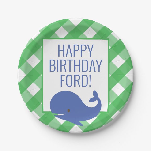 Gingham Whale Personalised Party Plates (Front)