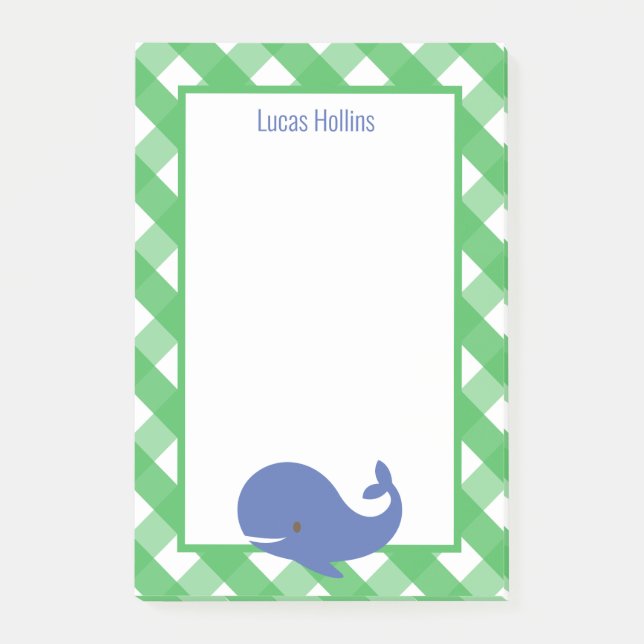 Gingham Whale Personalised Post-it Notepad (Front)