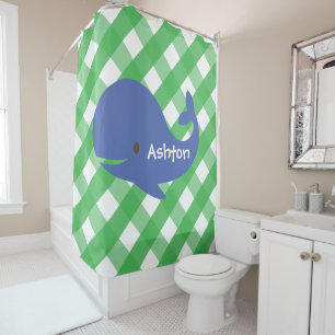Gingham Whale Personalised Shower Curtain