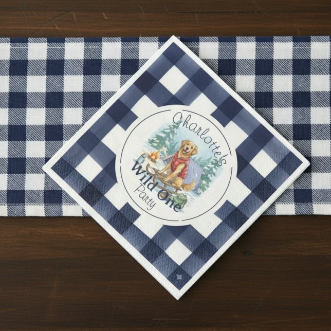 Gingham Wild One Golden Retriever 1st Birthday Napkin (Celebrate your wild one’s special day with this Gingham Wild One Golden Retriever 1st Birthday!)
