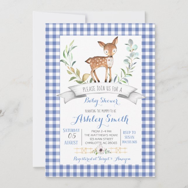 Gingham woodland deer baby shower invitation (Front)