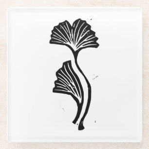 Gingko Leaf Lino Print Glass Coaster