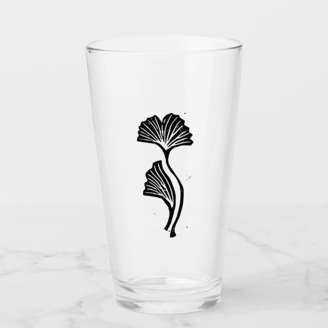 Gingko Leaf Lino Print Glass Cup (Front)