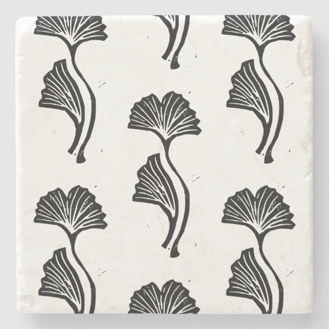 Gingko Leaf Lino Print Stone Coaster (Front)