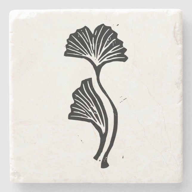 Gingko Leaf Lino Print Stone Coaster (Front)