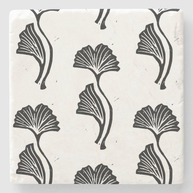 Gingko Leaf Lino Print Stone Coaster (Front)