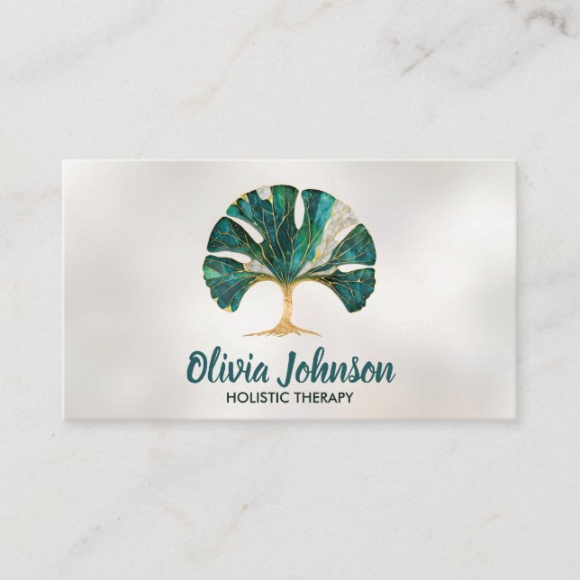 Gingko Leaf Tree - Emerald Marble and Gold Business Card (Front)