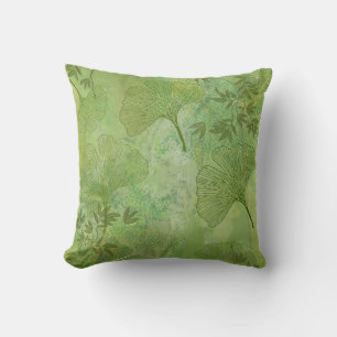 Ginkgo and Bamboo Leaves Pattern in Green Cushion