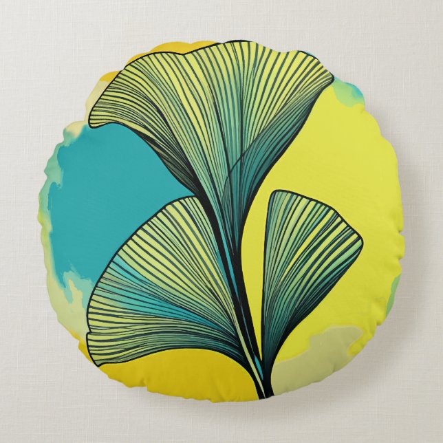 Ginkgo Biloba Leaf Patterned Round Pillow: Harmony Cushion (Front)